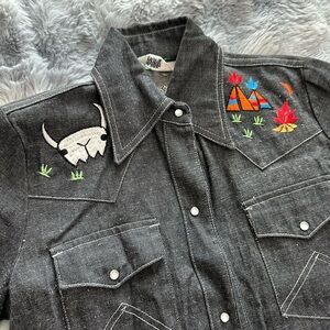 Vintage Western Embroidered Denim Jacket Shirt - Black 100% Cotton